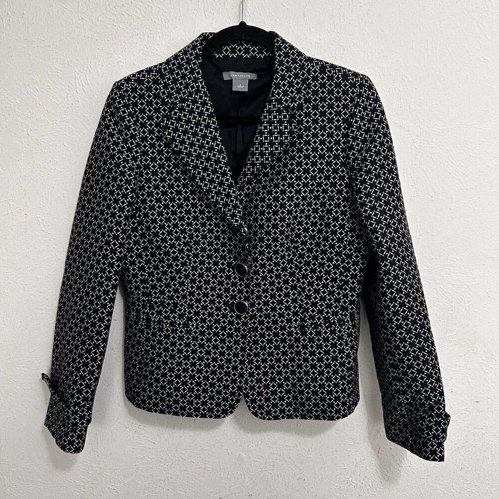 Ann Taylor Black White  Stretch Blazer Jacket Size 8 Cotton Silk 3/4 Sleeve Work